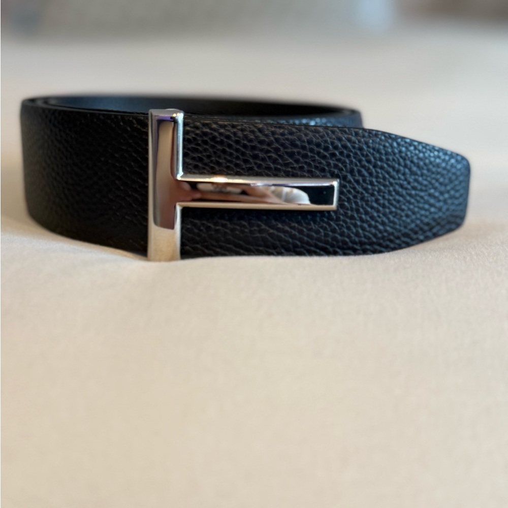 Tom Ford Black Leather Belt with Silver Buckle